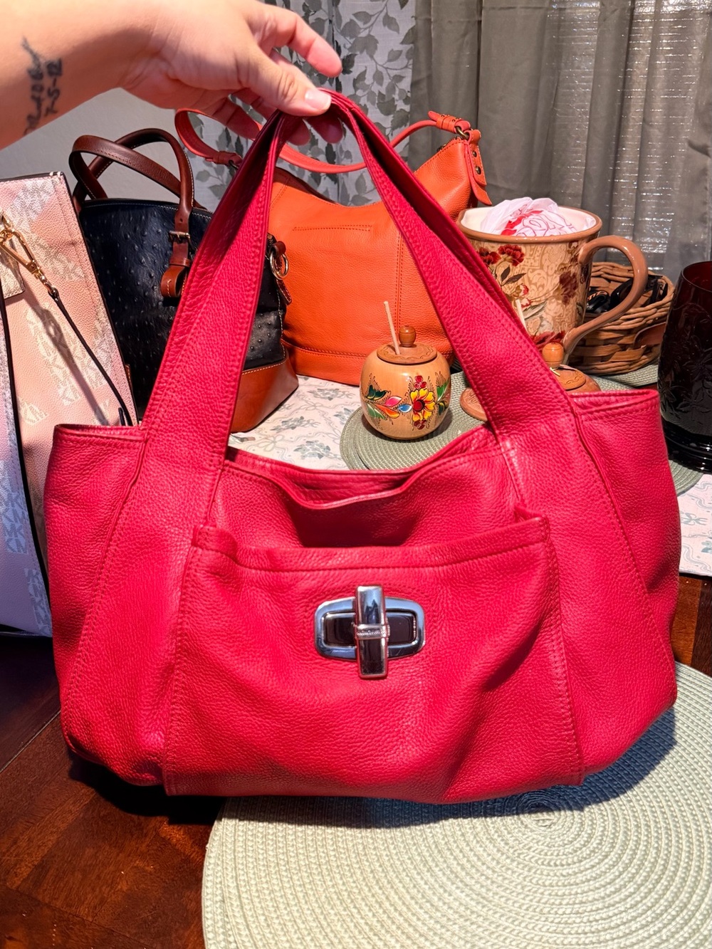 Makowsky Genuine Pebbled Leather Red Tote Leopard Lining Shoulder Bag